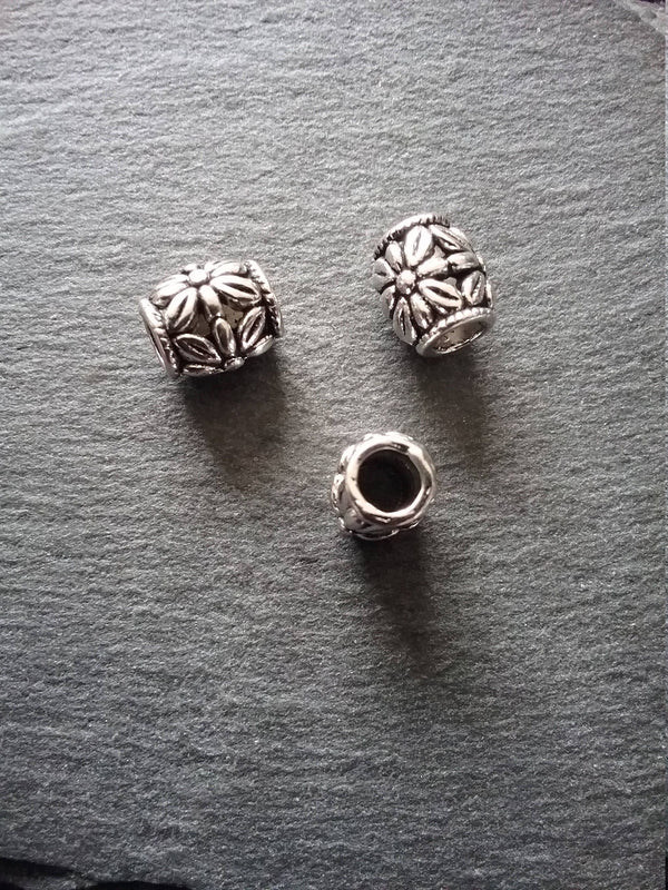 6 or 30 Flower Patterned 10mm Charm Beads Antique Silver Tone Large 5mm Hole. Nickel FREE
