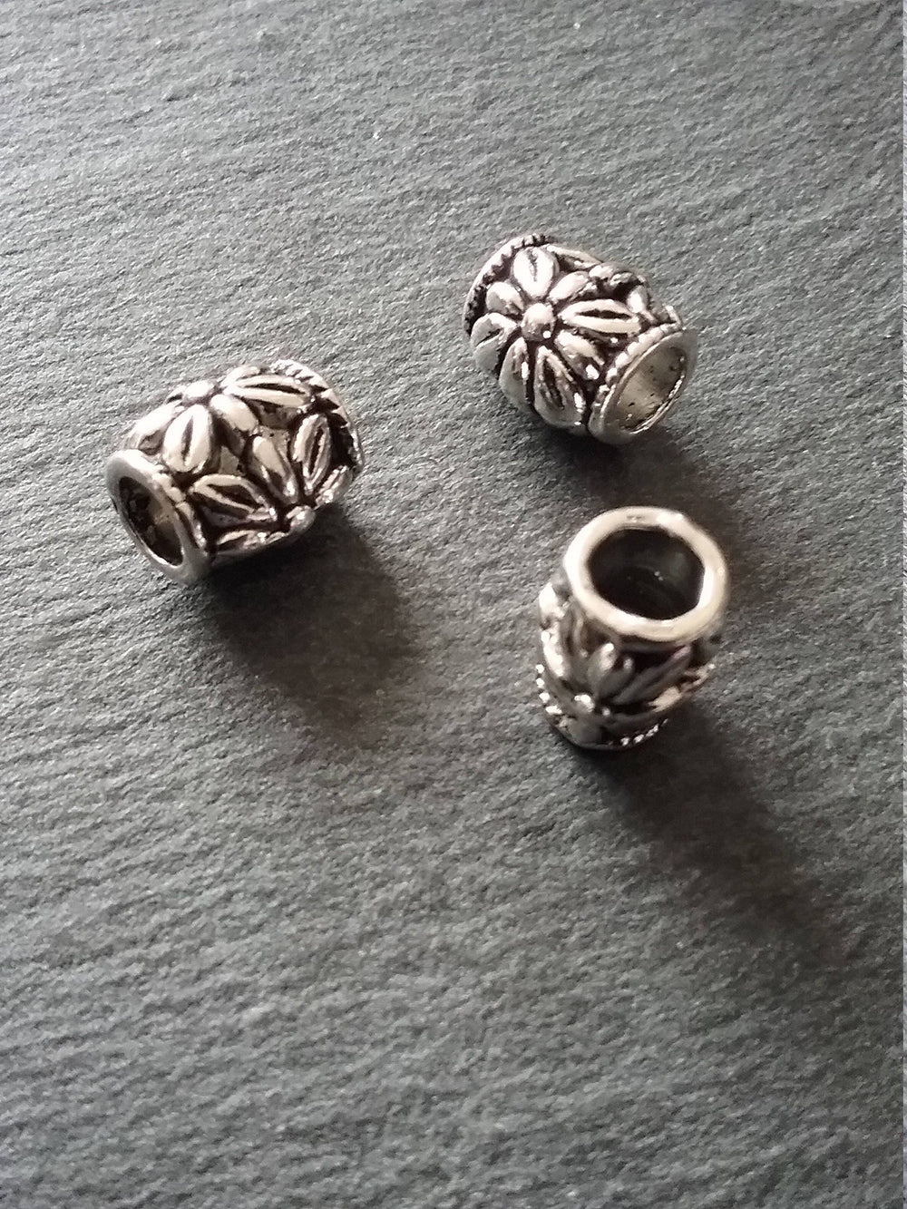 6 or 30 Flower Patterned 10mm Charm Beads Antique Silver Tone Large 5mm Hole. Nickel FREE