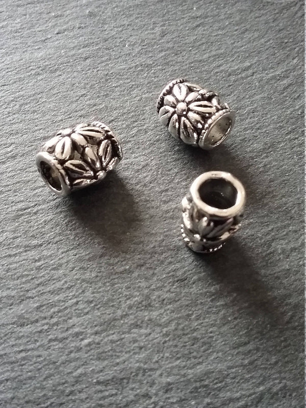 6 or 30 Flower Patterned 10mm Charm Beads Antique Silver Tone Large 5mm Hole. Nickel FREE