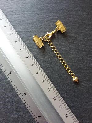 5 Gold Plated Crimp End Sets for Chokers or Bracelets with HEART Extender Chain