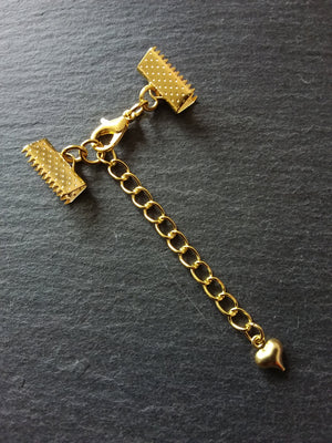 5 Gold Plated Crimp End Sets for Chokers or Bracelets with HEART Extender Chain