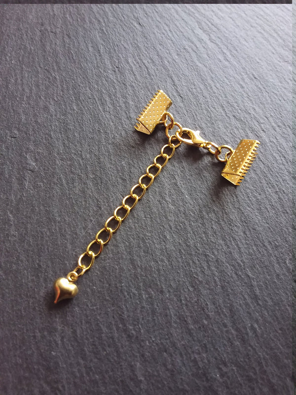 5 Gold Plated Crimp End Sets for Chokers or Bracelets with HEART Extender Chain