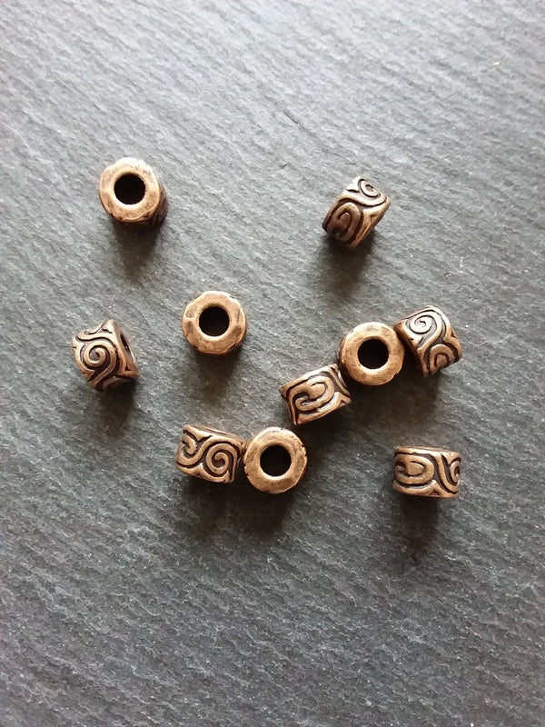 6 or 30 Antique Copper Tone Beads Scroll Design Cylinder Spacer 11x7mm Large 5mm Hole Nickel FREE