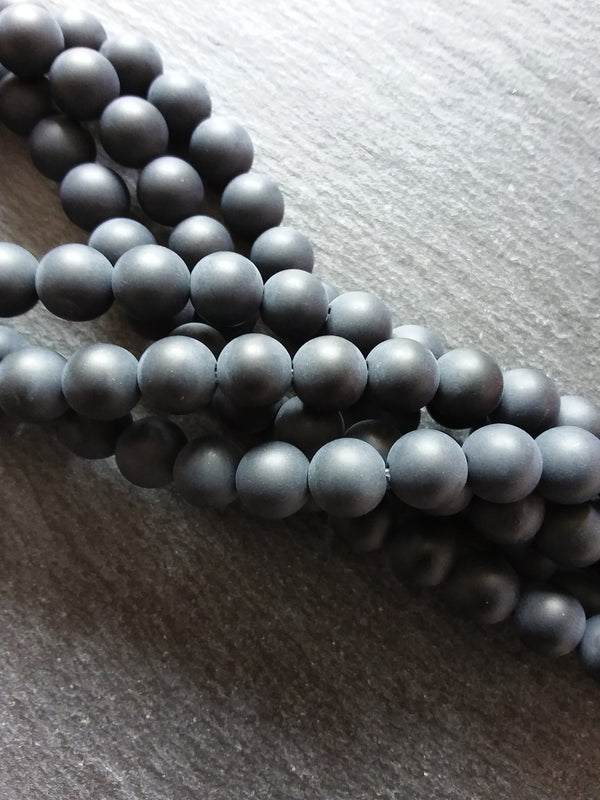 8mm Frosted Natural Black Agate Undyed Gemstone Round Beads Full 15.7 inch Strand
