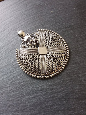 1 or  5 Large Boho Filigree Embossed Antique Silver Tone Pendant 74x64mm