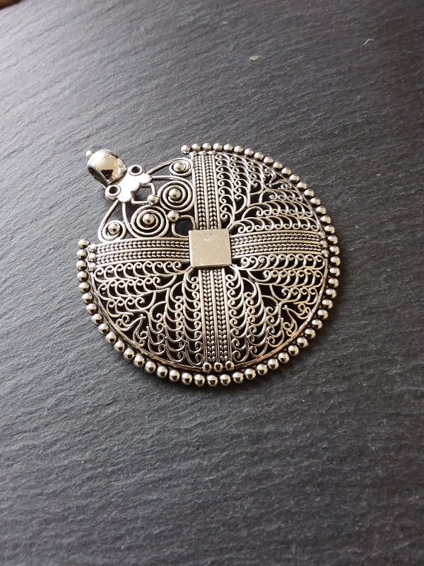 1 or  5 Large Boho Filigree Embossed Antique Silver Tone Pendant 74x64mm