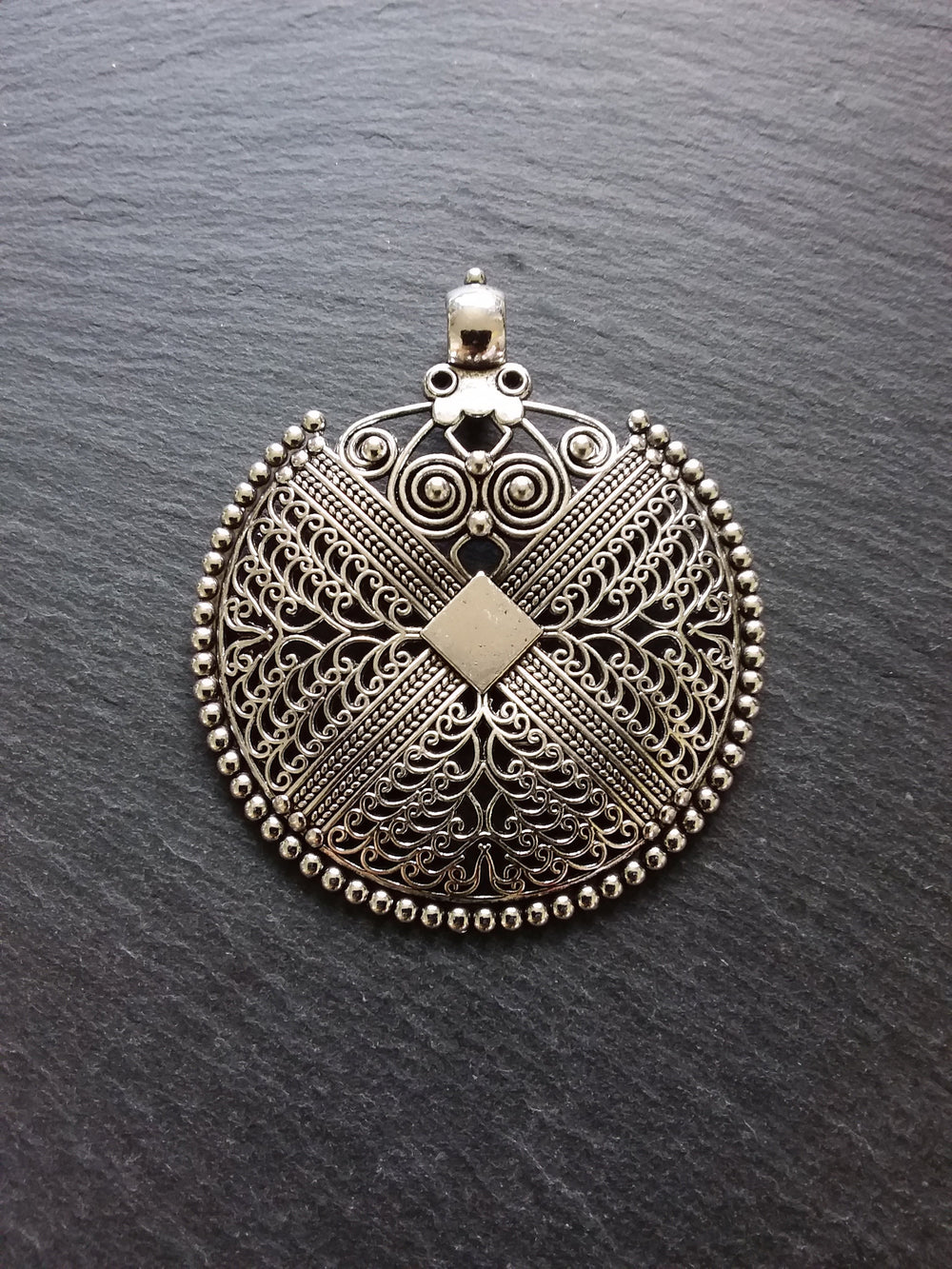 1 or  5 Large Boho Filigree Embossed Antique Silver Tone Pendant 74x64mm