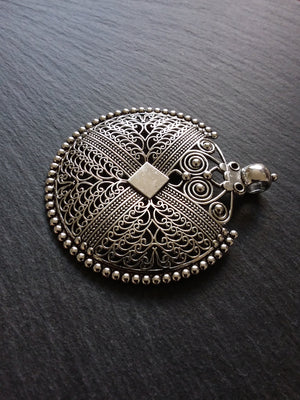 1 or  5 Large Boho Filigree Embossed Antique Silver Tone Pendant 74x64mm