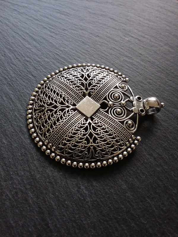 1 or  5 Large Boho Filigree Embossed Antique Silver Tone Pendant 74x64mm
