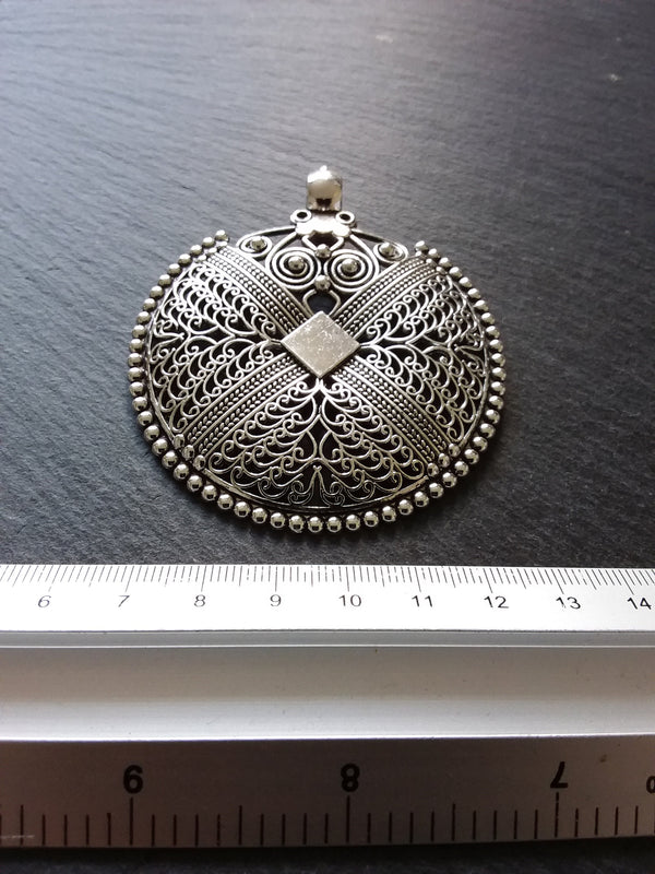 1 or  5 Large Boho Filigree Embossed Antique Silver Tone Pendant 74x64mm