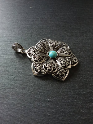 1 or 5 Large Flower Pendant Antique Silver Tone Alloy & Turquoise 83x58mm