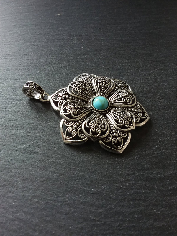 1 or 5 Large Flower Pendant Antique Silver Tone Alloy & Turquoise 83x58mm