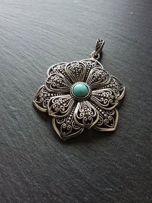 1 or 5 Large Flower Pendant Antique Silver Tone Alloy & Turquoise 83x58mm