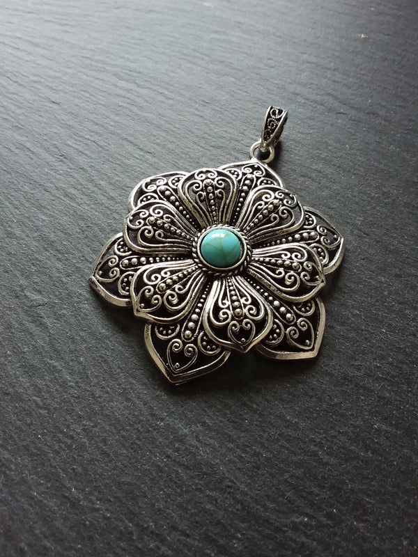 1 or 5 Large Flower Pendant Antique Silver Tone Alloy & Turquoise 83x58mm