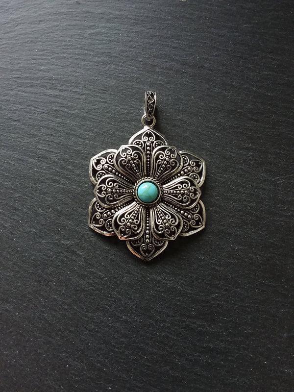 1 or 5 Large Flower Pendant Antique Silver Tone Alloy & Turquoise 83x58mm
