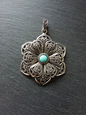 1 or 5 Large Flower Pendant Antique Silver Tone Alloy & Turquoise 83x58mm