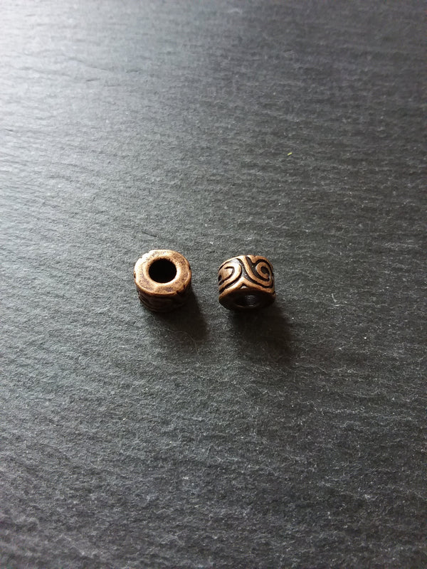 6 or 30 Antique Copper Tone Beads Scroll Design Cylinder Spacer 11x7mm Large 5mm Hole Nickel FREE