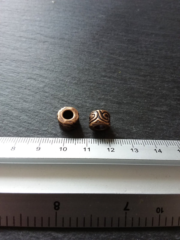 6 or 30 Antique Copper Tone Beads Scroll Design Cylinder Spacer 11x7mm Large 5mm Hole Nickel FREE