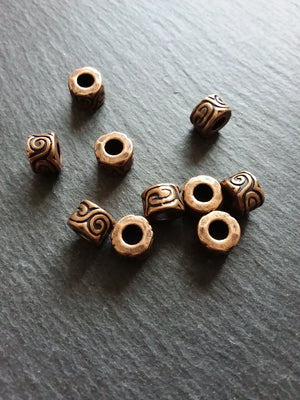6 or 30 Antique Copper Tone Beads Scroll Design Cylinder Spacer 11x7mm Large 5mm Hole Nickel FREE