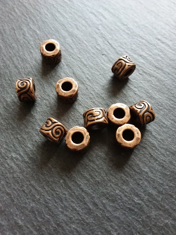 6 or 30 Antique Copper Tone Beads Scroll Design Cylinder Spacer 11x7mm Large 5mm Hole Nickel FREE