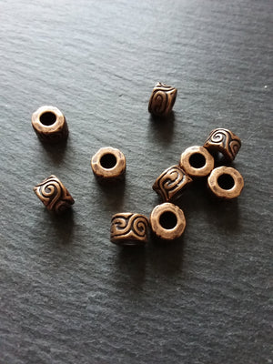 6 or 30 Antique Copper Tone Beads Scroll Design Cylinder Spacer 11x7mm Large 5mm Hole Nickel FREE