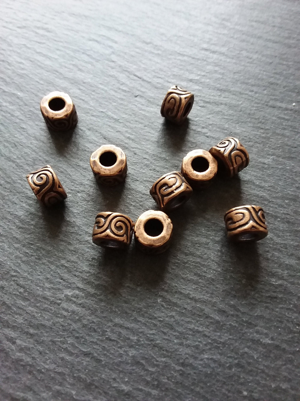 6 or 30 Antique Copper Tone Beads Scroll Design Cylinder Spacer 11x7mm Large 5mm Hole Nickel FREE