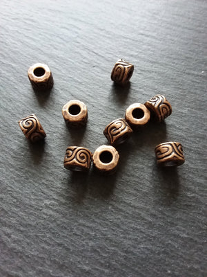6 or 30 Antique Copper Tone Beads Scroll Design Cylinder Spacer 11x7mm Large 5mm Hole Nickel FREE