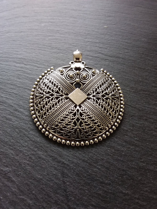 1 or  5 Large Boho Filigree Embossed Antique Silver Tone Pendant 74x64mm