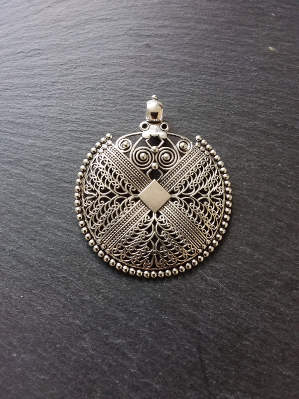 1 or  5 Large Boho Filigree Embossed Antique Silver Tone Pendant 74x64mm