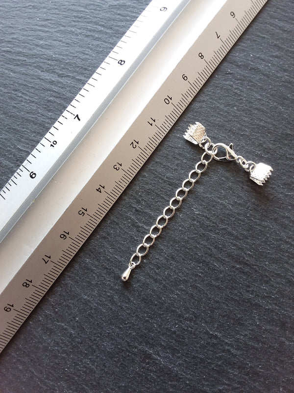5 or 25 Silver Plated Crimp End Sets for 6mm (1/4") Wide Ribbon with Extender Chain for Chokers & Bracelets