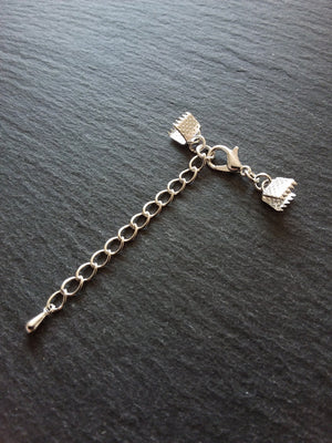 5 or 25 Silver Plated Crimp End Sets for 6mm (1/4") Wide Ribbon with Extender Chain for Chokers & Bracelets