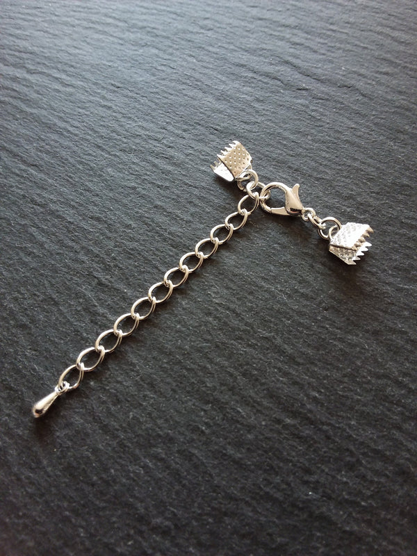 5 or 25 Silver Plated Crimp End Sets for 6mm (1/4") Wide Ribbon with Extender Chain for Chokers & Bracelets