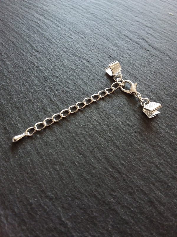 5 or 25 Silver Plated Crimp End Sets for 6mm (1/4") Wide Ribbon with Extender Chain for Chokers & Bracelets
