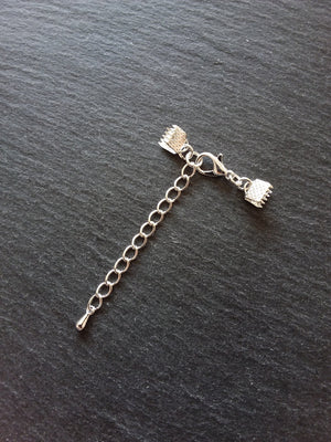 5 or 25 Silver Plated Crimp End Sets for 6mm (1/4") Wide Ribbon with Extender Chain for Chokers & Bracelets