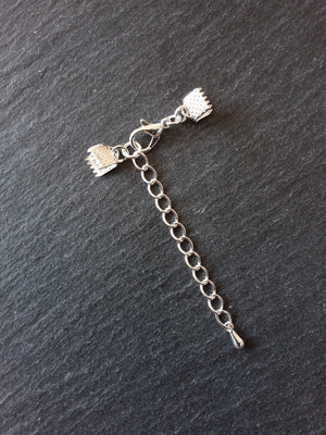 5 or 25 Silver Plated Crimp End Sets for 6mm (1/4") Wide Ribbon with Extender Chain for Chokers & Bracelets