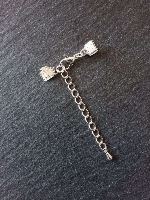 5 or 25 Silver Plated Crimp End Sets for 6mm (1/4") Wide Ribbon with Extender Chain for Chokers & Bracelets