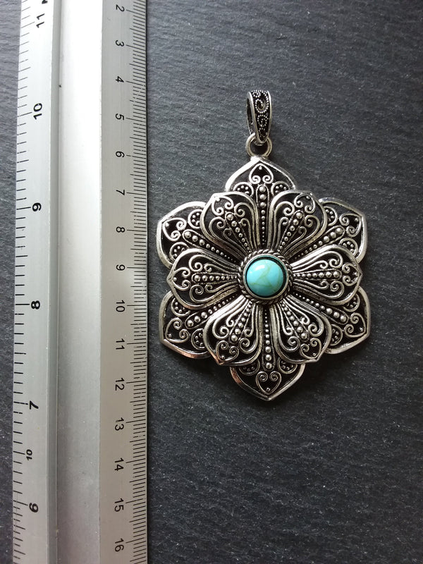 1 or 5 Large Flower Pendant Antique Silver Tone Alloy & Turquoise 83x58mm