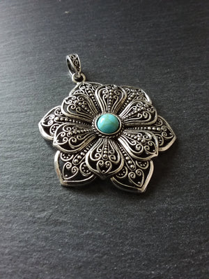 1 or 5 Large Flower Pendant Antique Silver Tone Alloy & Turquoise 83x58mm