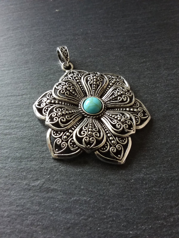 1 or 5 Large Flower Pendant Antique Silver Tone Alloy & Turquoise 83x58mm