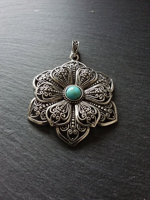 1 or 5 Large Flower Pendant Antique Silver Tone Alloy & Turquoise 83x58mm