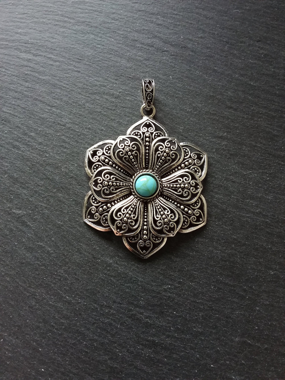 1 or 5 Large Flower Pendant Antique Silver Tone Alloy & Turquoise 83x58mm