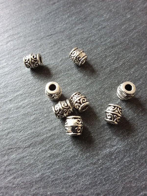 20 or 100 Patterned 8mm Barrel Beads Antique Silver Tone Alloy 8x8mm Hole: 3mm NICKEL FREE