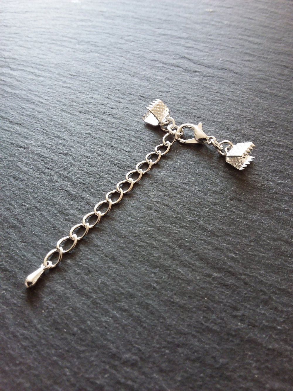 5 or 25 Silver Plated Crimp End Sets for 6mm (1/4") Wide Ribbon with Extender Chain for Chokers & Bracelets