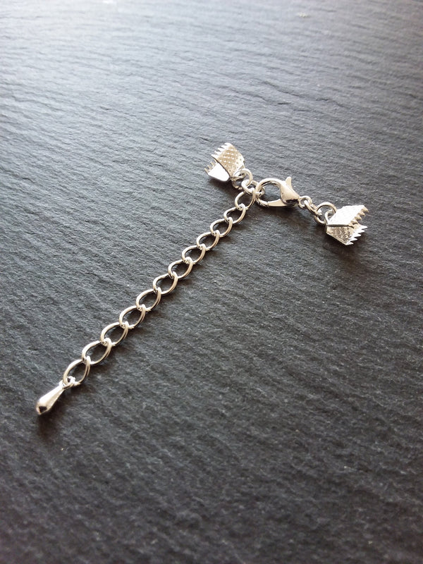 5 or 25 Silver Plated Crimp End Sets for 6mm (1/4") Wide Ribbon with Extender Chain for Chokers & Bracelets