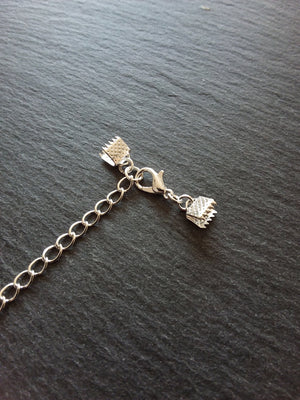 5 or 25 Silver Plated Crimp End Sets for 6mm (1/4") Wide Ribbon with Extender Chain for Chokers & Bracelets
