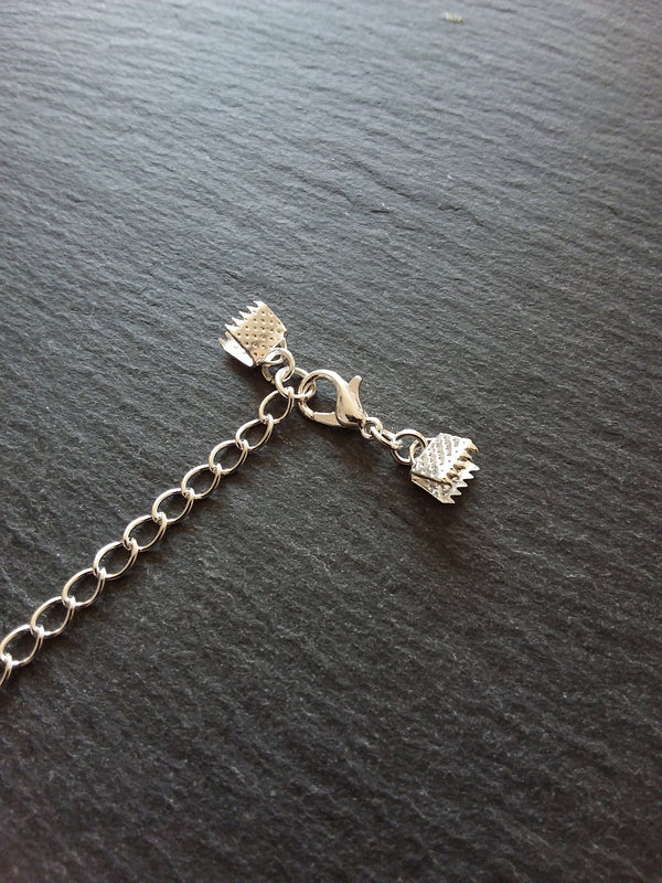 5 or 25 Silver Plated Crimp End Sets for 6mm (1/4") Wide Ribbon with Extender Chain for Chokers & Bracelets