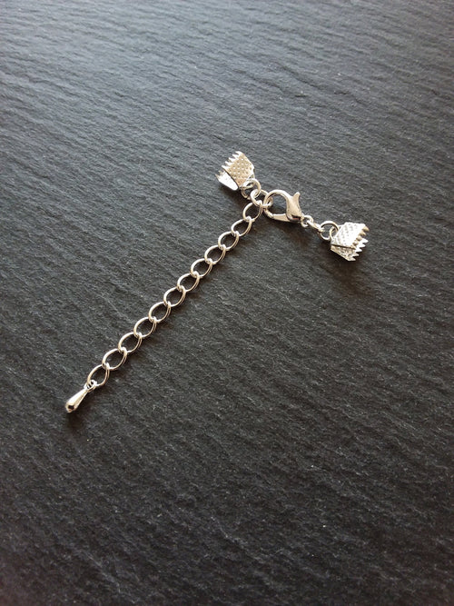 5 or 25 Silver Plated Crimp End Sets for 6mm (1/4") Wide Ribbon with Extender Chain for Chokers & Bracelets