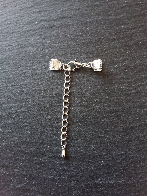 5 or 25 Silver Plated Crimp End Sets for 6mm (1/4") Wide Ribbon with Extender Chain for Chokers & Bracelets