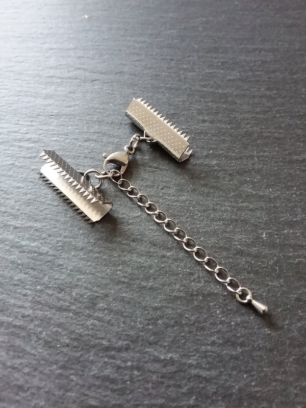 4 or 20 Stainless Steel Patterned Crimp End Sets for 25mm (1 inch) Ribbon with Lobster Clasps & Extender Chain