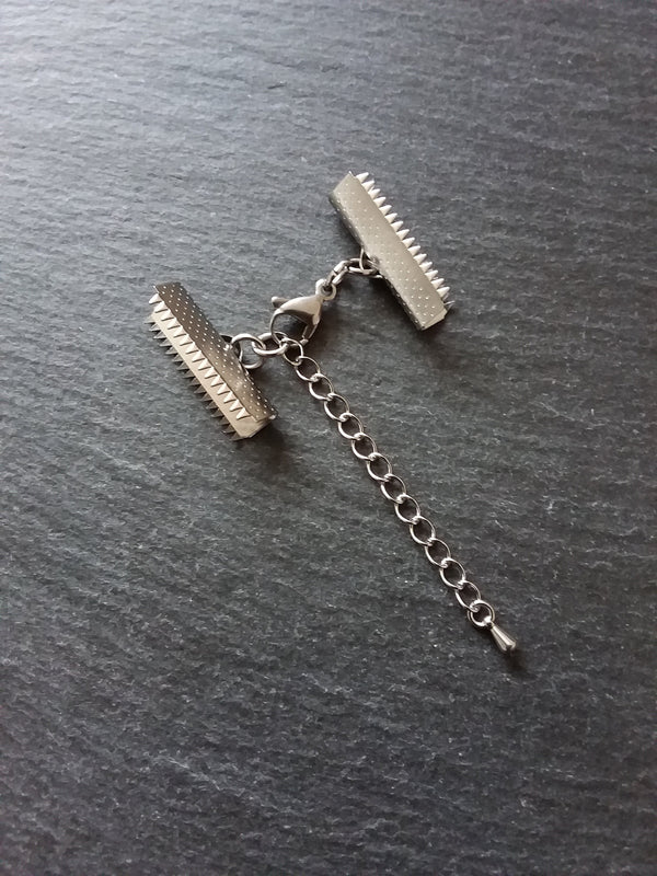 4 or 20 Stainless Steel Patterned Crimp End Sets for 25mm (1 inch) Ribbon with Lobster Clasps & Extender Chain